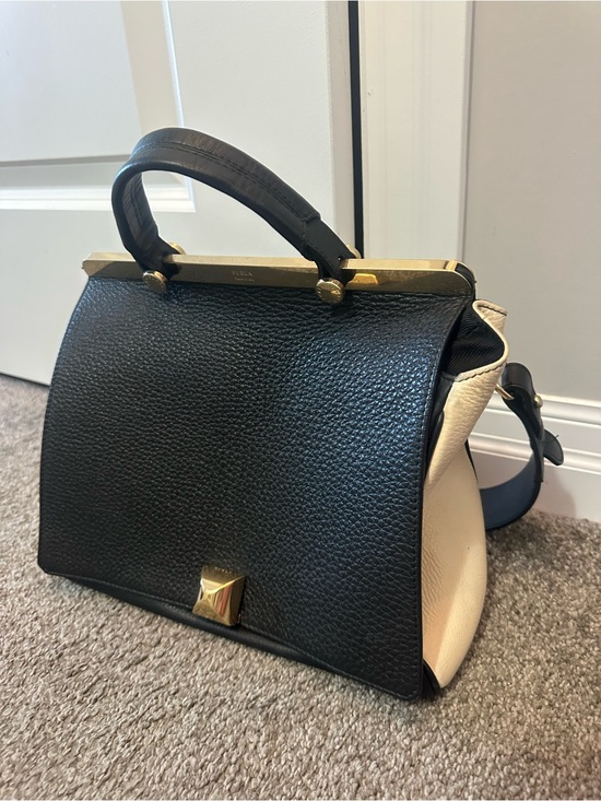 Furla Handbags - Furla Black and Cream Top Handle Satchel with Gold Hardware